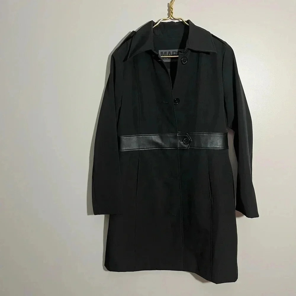 Marc New York Andrew Marc Black Trench Coat Leather Trim Waist Jacket‎ Womens M